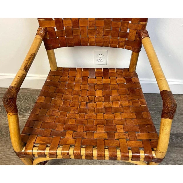 Brown 1960s French Modern Bamboo & Woven Saddle Leather Armchair, Circa 1960s For Sale - Image 8 of 13