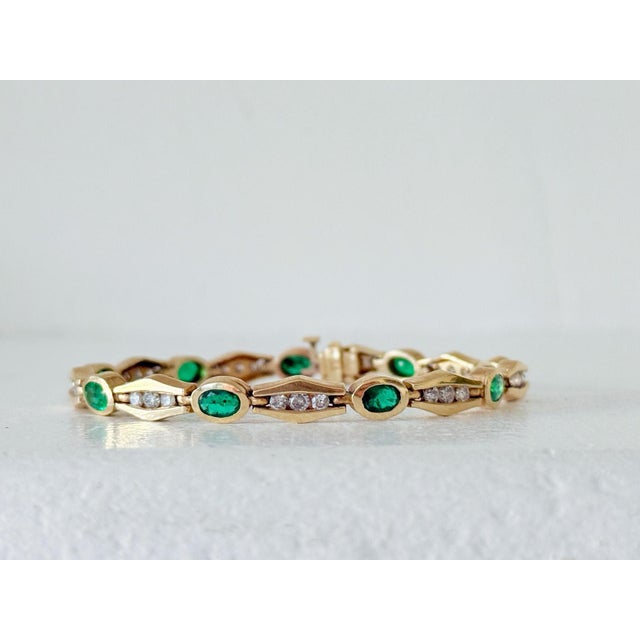 Vintage 14k Yellow Gold Emerald & Diamond Bar-Link Bracelet For Sale - Image 11 of 15
