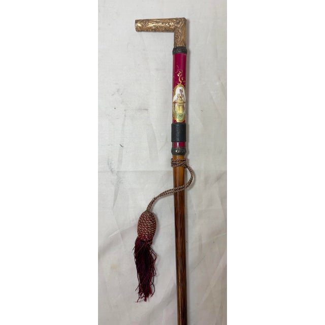 19th Century Antique 1800's Victorian Yellow Gold Filled Wood Porcelain Walking Stick Cane For Sale - Image 5 of 17