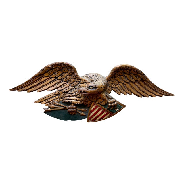 1950s Folk Art Mid-Century Artistic Carving Co. Louisburg Wood Eagle Plaque Bellamy Style Americana Wall Sculpture For Sale