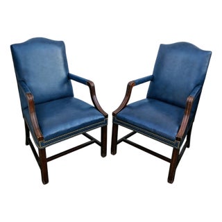 Timeless Elegance: The Hancock & Moore Blue Leather Armchair Pair 1980s For Sale