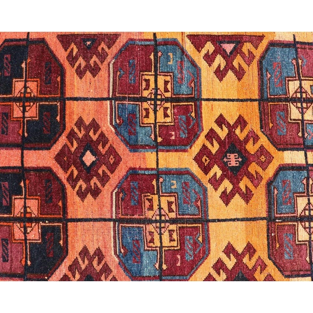 Orange Vintage Wool Ersari Rug in Wool With Gul Design in Orange, Blue, and Brown 5'0 X 8'10 For Sale - Image 8 of 12