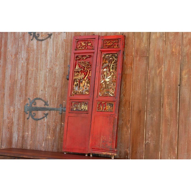 Wood Antique Scarlet Red Gilt Asian Panels For Sale - Image 7 of 10