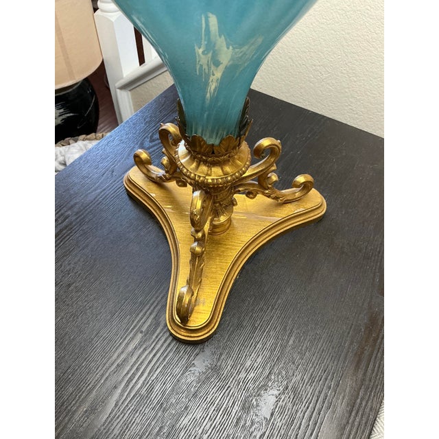 Traditional Mid 20th Century Regency Style Desk Lamp W/ Murano Blue Swirled Opalescent Glass For Sale - Image 3 of 6