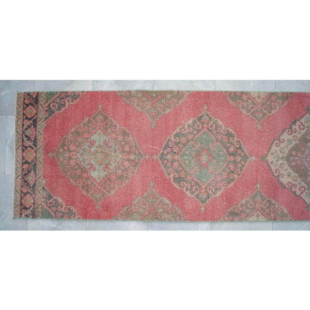 Vintage Turkish Runner Rug Hand-Knotted Coral Pink Hallway Runner Authentic Oushak Rug 3x13 Ft Approx For Sale - Image 9 of 13
