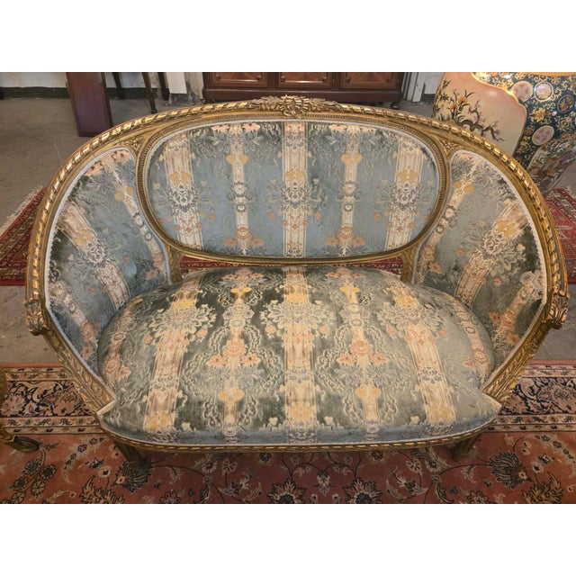 French Antique French Giltwood Salon Seating Set With Settee and Four Armchairs For Sale - Image 3 of 11
