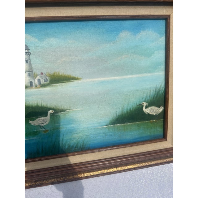 1990s 1990s Lighthouse and Egrets Seascape Painting on Canvas, Signed by the Artist, Framed For Sale - Image 5 of 9