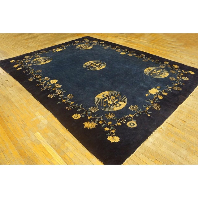 1920s Antique Blue Navy Traditional Floral Birds Chinese Peking Wool Rug For Sale - Image 4 of 10