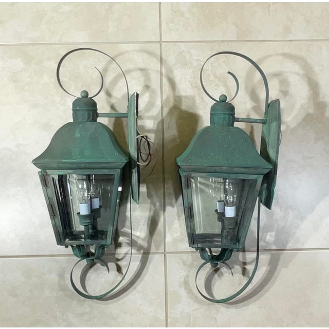 French Pair of Vintage Solid Brass Outdoor Wall Lanterns - 22”h X 7”.5 W X 7”.5 D For Sale - Image 3 of 16