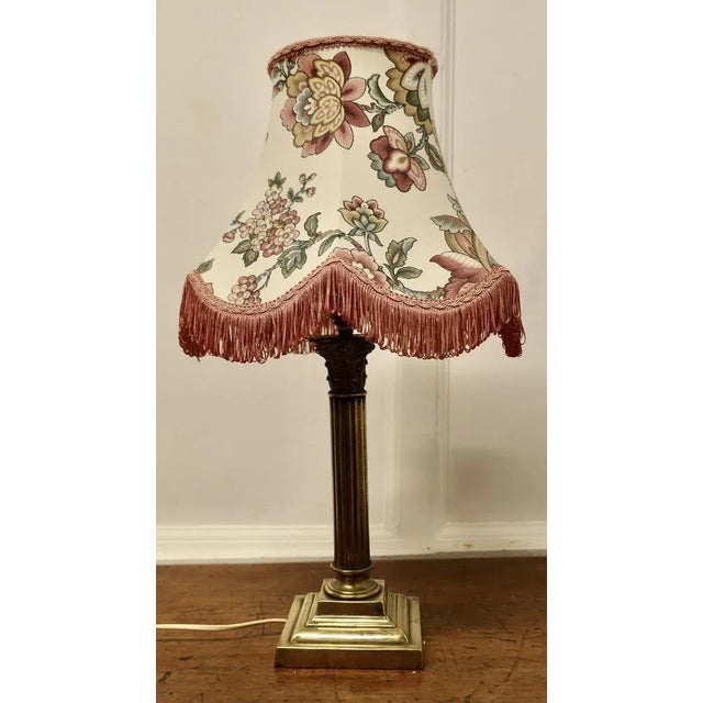 Metal Corinthian Column Brass Table Lamp with Scalloped Linen Shade, 1920s For Sale - Image 7 of 7