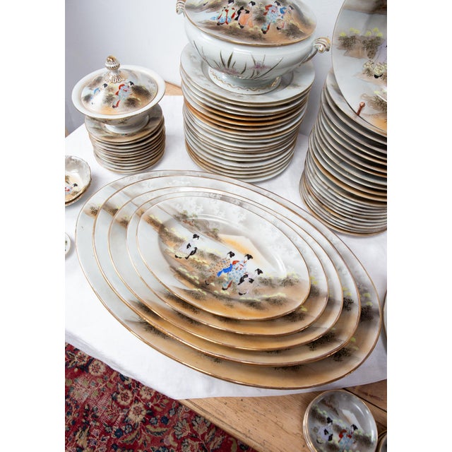 Cream Japanese Showa Porcelain Kutani Dinner Service with Geishas and Fuji, 1940s, Set of 81 For Sale - Image 8 of 17