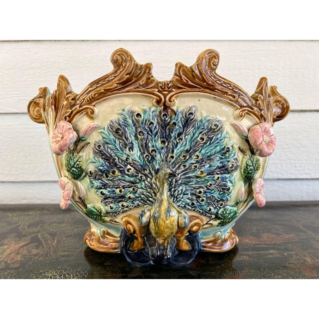Antique French Majolica Jardinière Planter Peacock Onnaing Large Cache Pot C1880 For Sale - Image 10 of 18