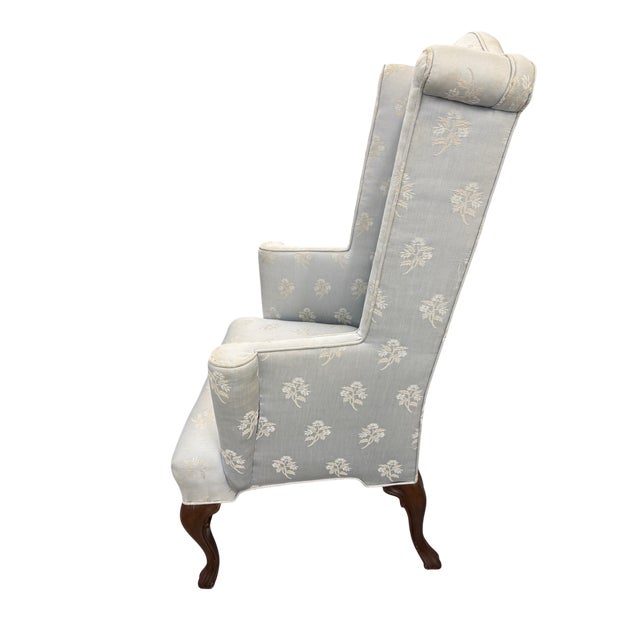 Wood Baker Furniture Attributed Blue Damask Wingback Chairs - A Pair For Sale - Image 7 of 15