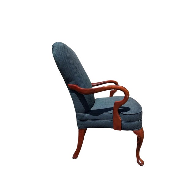 American 1970s Blue Upholstered Mahogany Queen Anne Style Arm Chair For Sale - Image 3 of 4