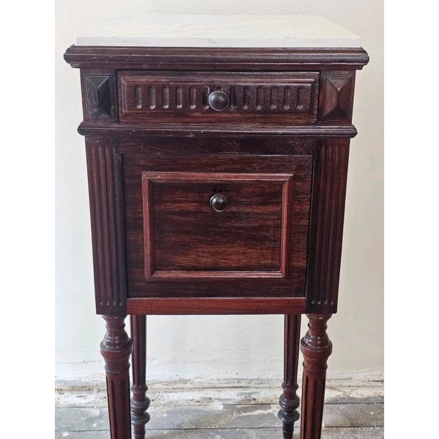 Wood Antique French 1920s Marble Top Nightstand Mahogany Bedside Cabinet For Sale - Image 7 of 18
