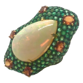 Bochic “Capri” Vintage Emerald, Opal & Orange Sapphire Cocktail Ring — 18K Gold For Sale