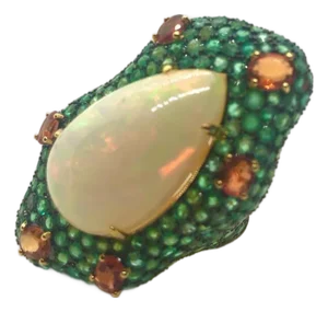 Bochic “Capri” Vintage Emerald, Opal & Orange Sapphire Cocktail Ring — 18K Gold