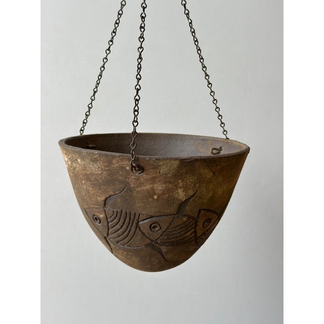 Paolo Soleri Vintage Paolo Soleri Carved Pottery Hanging Vessel With Fish Motif, Circa 1970s For Sale - Image 4 of 12