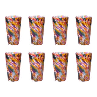 Hand Blown Pint Glasses, Rainbow Mix with White - Set of 8 For Sale