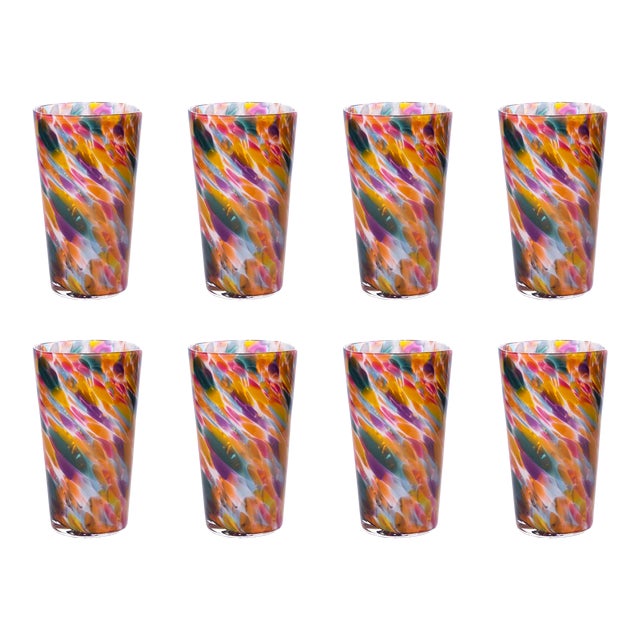 Hand Blown Pint Glasses, Rainbow Mix with White Set of 8 Chairish
