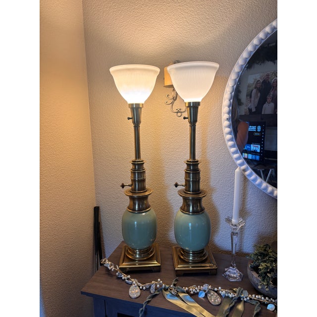 Mid-Century Modern Vintage Stiffel Celadon Green Ostrich Egg Brass Torchiere Lamps - a Pair For Sale - Image 3 of 7
