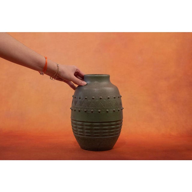 Ceramic Art Deco Green Glazed Stoneware Vase with Incised Geometric Decor and Small Dots by Charles Gréber for Beauvais Manufactory, 1920s For Sale - Image 7 of 10