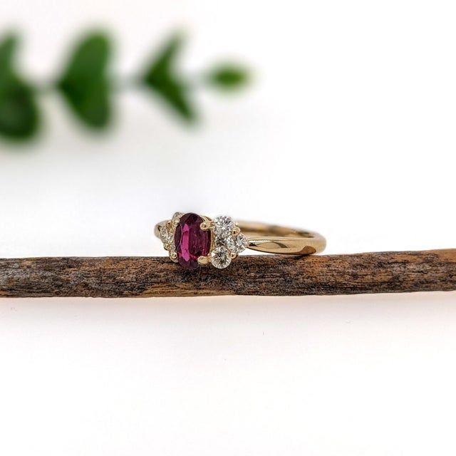 Dainty Ruby Ring W Natural Diamond Accents in Solid 14k Yellow Gold | Oval 6x4mm, Size 6.75 For Sale - Image 4 of 6