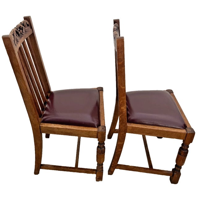 Antique Oak Side Chairs Set of Two Arts & Crafts Carved Spindle Back Vinyl Seats For Sale In Palm Springs - Image 6 of 10