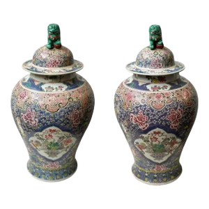 Pair of Chinese Famille Rose Mid-Century Vases