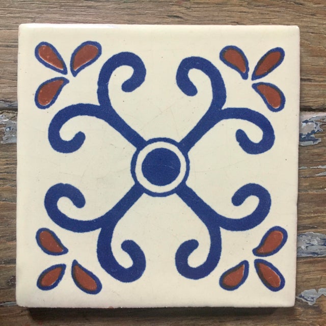 French Country Style Hand Painted Talavera Terra Cotta Tile For Sale - Image 4 of 4