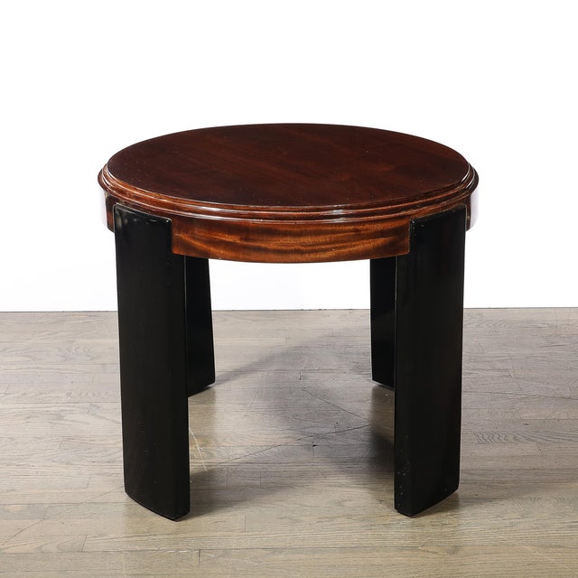 1930s Art Deco Machine Age Occasional Table in Walnut & Black Lacquer Supports For Sale - Image 9 of 10