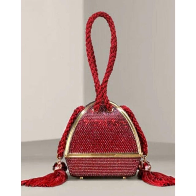 1995 Judith Leiber Fortune Teller Origami Red Crystal Tassel Evening Bag Minaudiere For Sale - Image 10 of 11