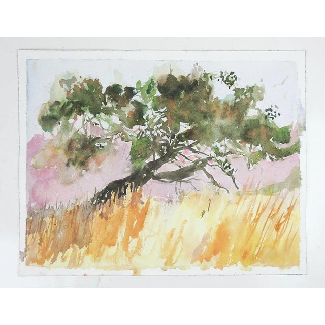 Late 20th century watercolor on paper impressionist lone tree landscape by Ralph Quintana (20th - 21st c.) Texas....