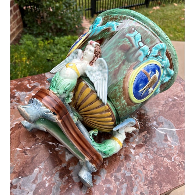 Antique English Majolica Cache Pot Planter Bowl Footed Jardiniere Angels Birds For Sale - Image 11 of 13