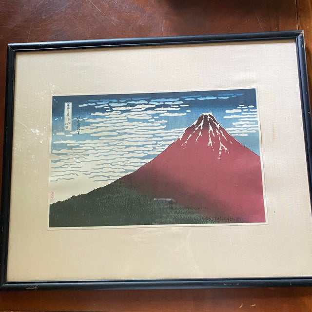 Red Framed 70 Year Old Reproduction Woodblock Print of Katsushika Hokusai's "Fine Wind, Clear Morning" Mount Fuji For Sale - Image 8 of 12