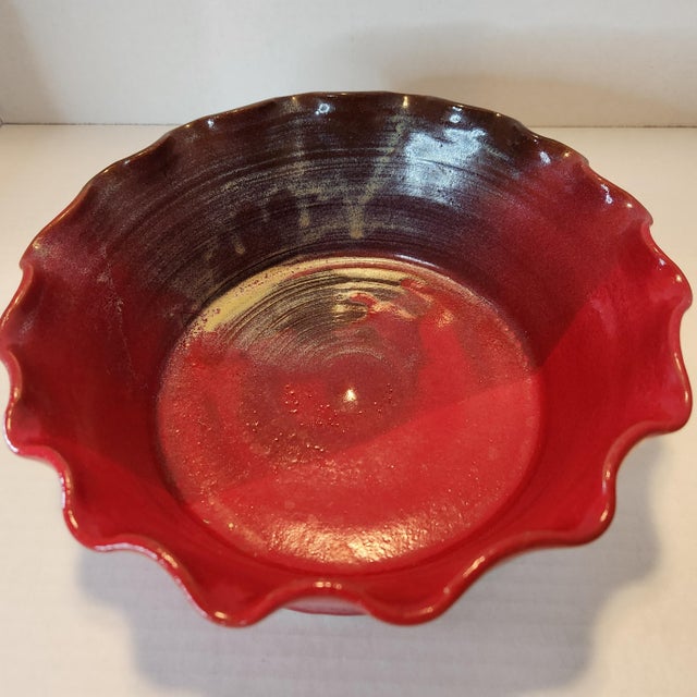 2000 - 2009 Vintage Handmade Ruffled Ceramic Bowl Red & Brown Drip Glaze Studio Pottery For Sale - Image 5 of 9