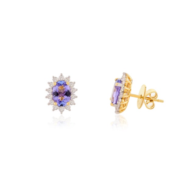 Art Deco Oval Cut Tanzanite and Halo Diamond Stud Earrings, 2 Pieces For Sale - Image 3 of 6