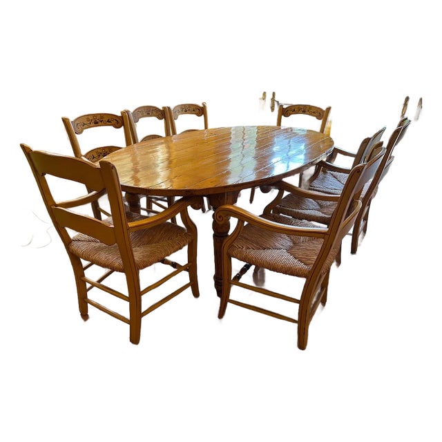 French Country Vintage Style Oval Kitchen Dining Table & 8 Chairs For Sale