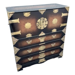 Vintage Chinese Burlwood and Brass Highboy Dresser For Sale