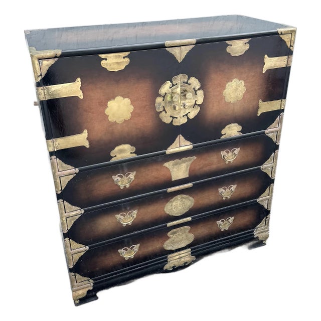 Vintage Chinese Burlwood and Brass Highboy Dresser For Sale