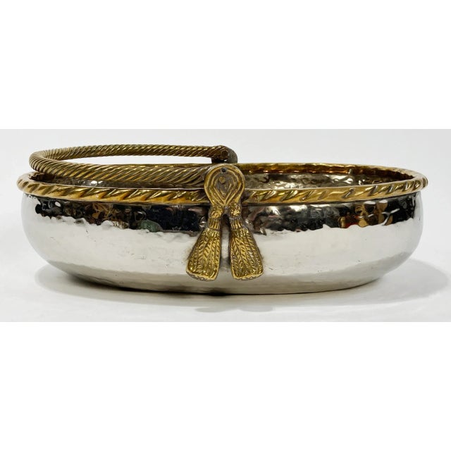 Vintage Heavy Hammered Silver Bowl With Brass Rope Handle For Sale - Image 9 of 10