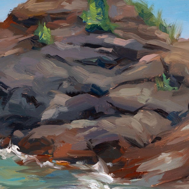 Early 21st Century Presque Isle (Day 83) June 7, 2022 by Primary Hughes | Oil on masonite Seascape with rocky shore For Sale - Image 5 of 5