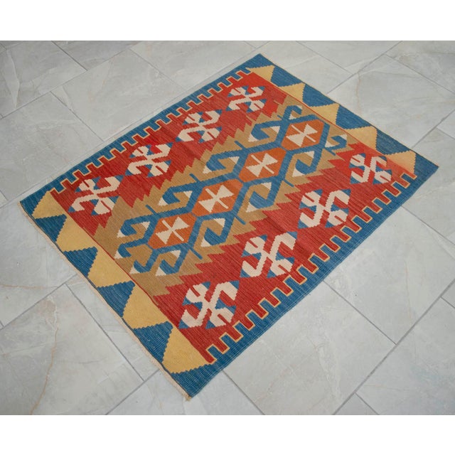 Flat Weave Kilim Rug, Vintage Oushak Rug Village Wool, Red Gold Blue Geometric, 3x4 Ft Approx For Sale - Image 13 of 16