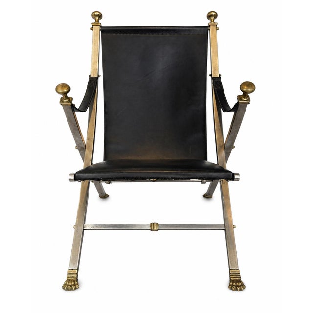 1970s Attributed to Maison Jansen Campaign Chairs – Brass & Steel With Black Leather Sling, 1970s. Three Available. For Sale - Image 5 of 6