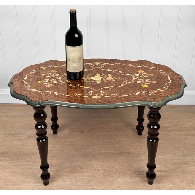 - Original 1970's Italian Rococo Side Table - Walnut Veneered Top with Wonderful Fruitwood Inlay - Clear Piano Lacquered...