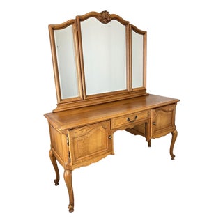 Vintage French Louis Style Oak Dressing Table with Mirror For Sale