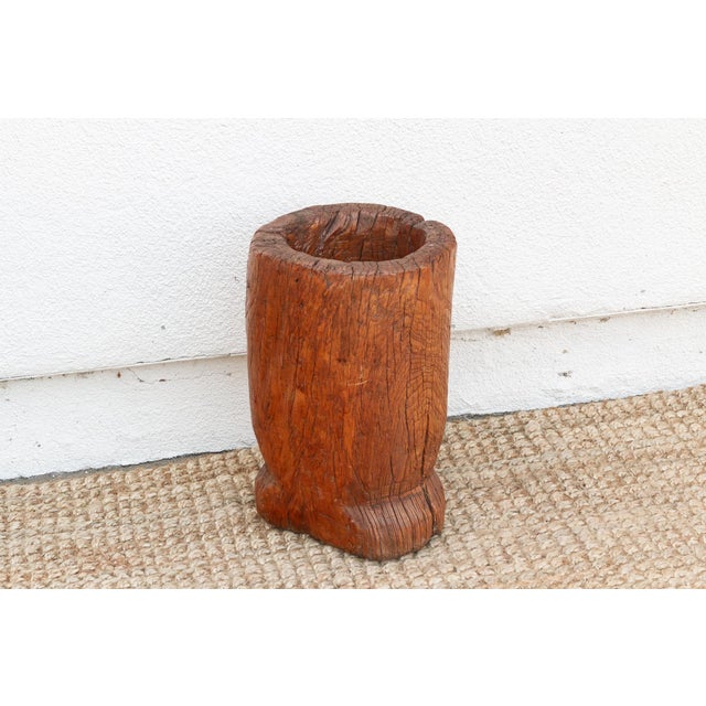 19th Century Rustic Antique Chinese Mortar, Carved Wood Planter For Sale - Image 4 of 8