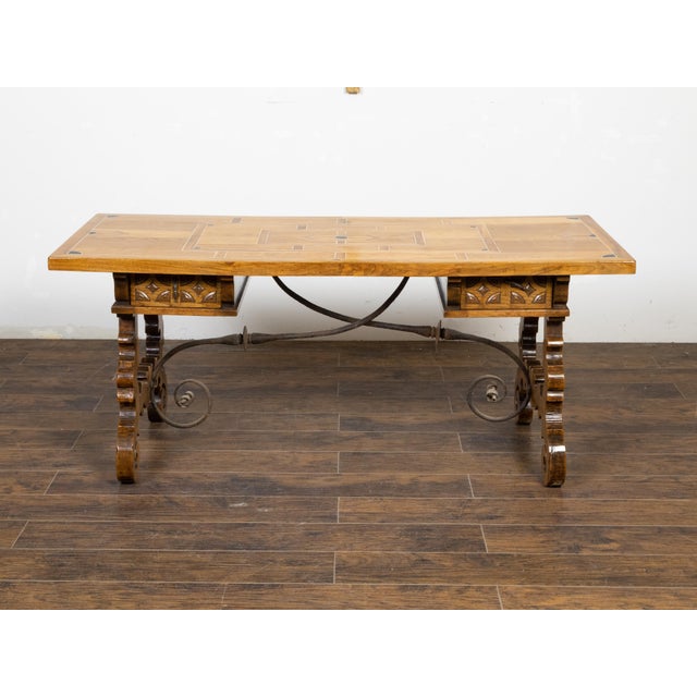 Late 19th Century Italian Baroque Style 1880s Walnut Desk with Inlaid Top and Carved Lyre Base For Sale - Image 5 of 12