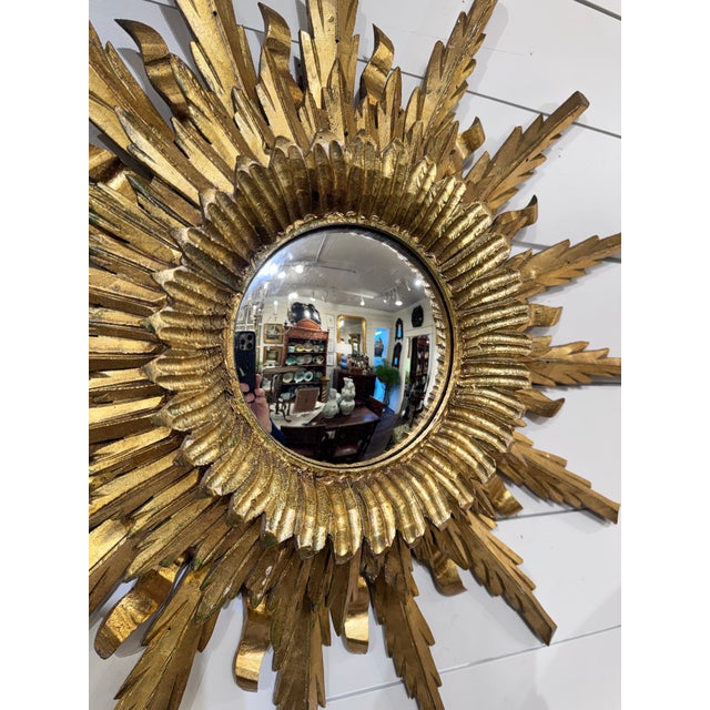 Wood Vintage French Sunburst Convex Mirror For Sale - Image 7 of 9