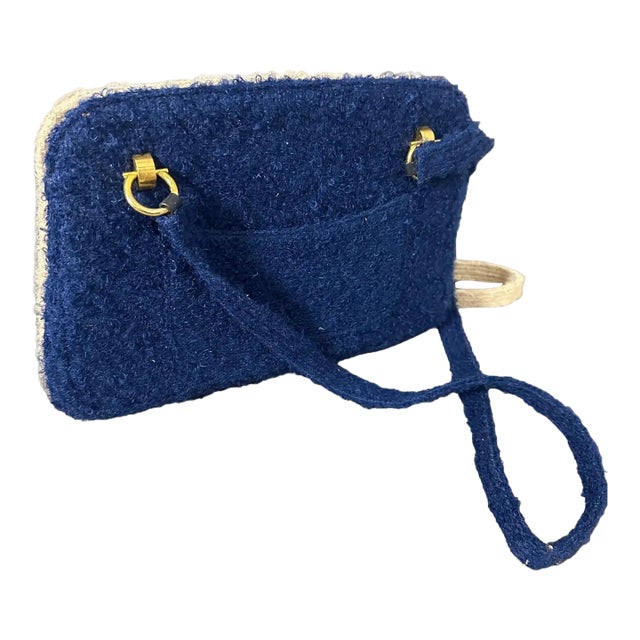A Stylish 1960s Blue and Creamy Fabric Double-Face Italian Hand-Bag For Sale